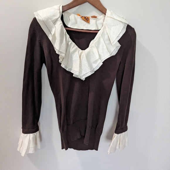 Tory Burch Brown Ivory Ruffle Victorian Sweater
